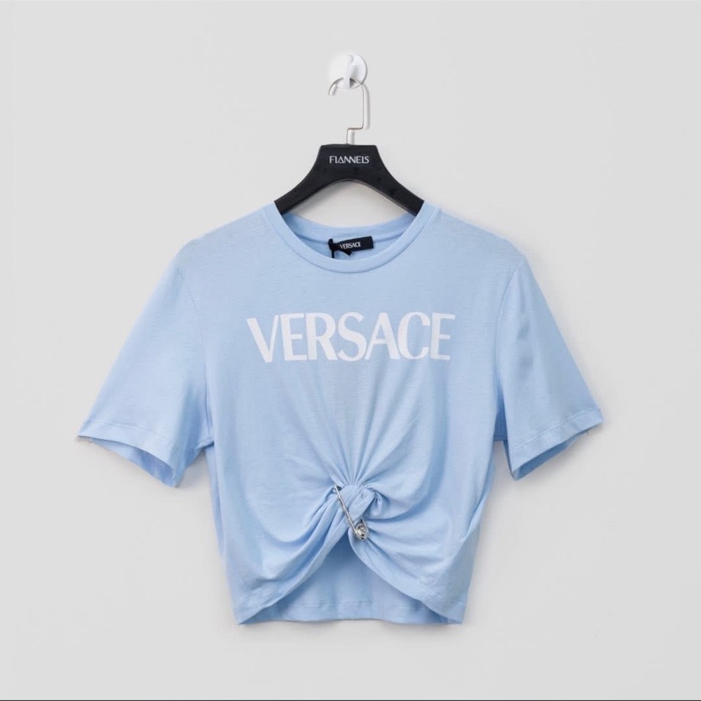 Versace Light Blue Logo Crop Top